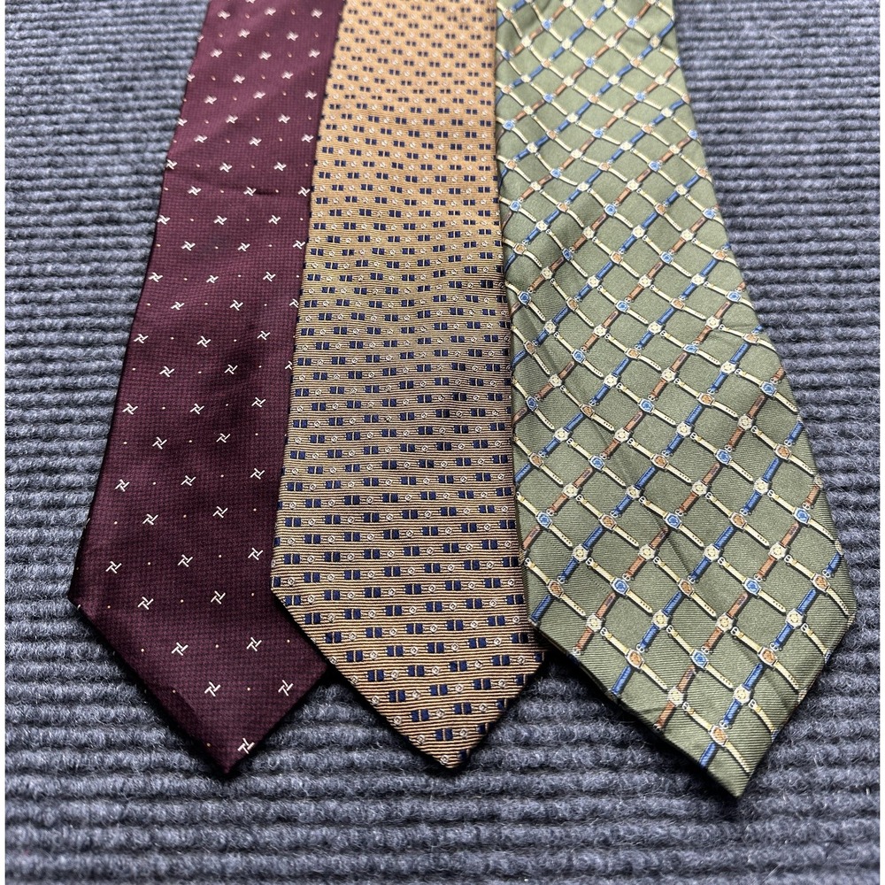 Nautica Ties Mens Silk Lot of 3 Burgundy Tan Green Geometric Patterns Woven